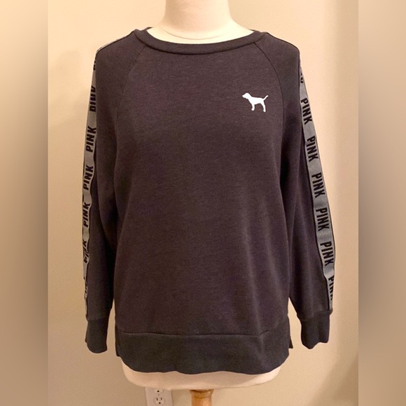 PINK Victoria's Secret Tops - PINK Victoria’s Secret Grey Olive Leaf Rainbow Dog Logo Oversized Sweatshirt XS
